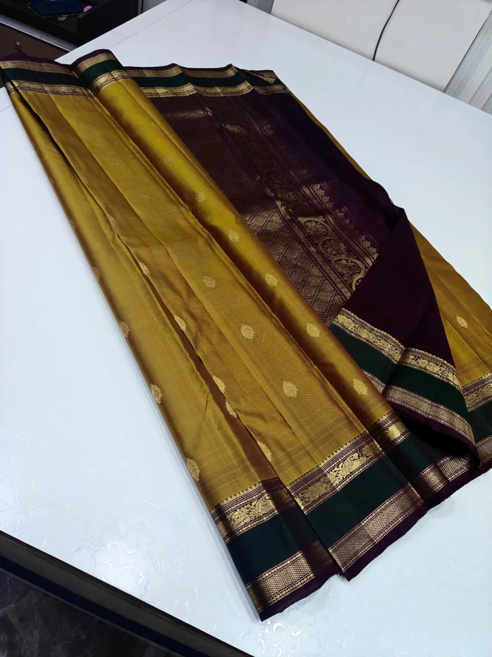 Mustard Yellow & Deep Purple Silk Saree